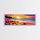 Beach Sunset, Waves and Rocks, Vibrant Coastal Art, Framed Canvas Print, Tropical Wall Art, Ocean Decor, Beach Artwork, Large Wall Art