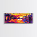 Sunset Street, Urban Glow, Cityscape Silhouette, Vibrant Colors, Framed Canvas Print, Living Room Decor, Bold Abstract, Urban Landscape