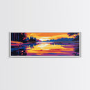 Sunset Lake, Tranquil Reflection, Serene Nature Art, Vibrant Landscape, Framed Canvas Print, Cozy Cabin Decor, Warm Autumn Colors