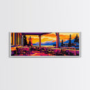 Lakeside, Patio, Sunset, Framed Canvas Print, Vibrant Landscape Art, Dining Room Art, Cozy Decor, Warm Tones, Rustic Autumn Wall Art