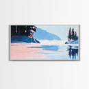 Mountain Lake, Peaceful Nature Art, Minimalist Alpine Landscape, Framed Canvas Print, Cabin Wall Decor, Calm Winter Aesthetic.