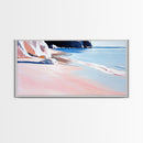 Sandy Beach, Ocean Shore, Soft Pastels, Seaside Tranquility, Framed Canvas Print, Coastal Wall Art, Bathroom Decor, Nautical Painting