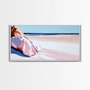 Woman in Pink, Beachside Relaxation, Canvas Print, Summer Aesthetic, Feminine Wall Art, Minimalist Seascape, Pastel Color Palette