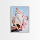 Seashell, Pink Flowers, Beach Aesthetic, Coastal Wall Art, Framed Canvas Print, Nautical Decor, Ocean Lover, Bedroom Art