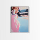 Dreamy Beach Art, Minimalist Woman Portrait, Coastal Fashion Illustration, Soft Pastel Colors, Framed Canvas Print, Bedroom Wall Art