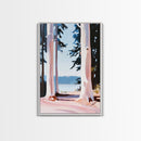 Forest Lake Scene, Tranquil Nature Painting, Minimalist Woodland Print, Blue and Pink Aesthetic, Framed Canvas Print, Bedroom Wall Art