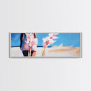 Woman Beach, Pastel Flowers, Feminine Art, Ocean View, Dreamy Coastal Decor, Framed Canvas Print, Bedroom Wall Art, Soft Aesthetic Art