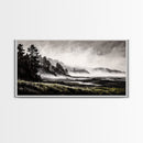Foggy Hills, Woodland Landscape, Monochrome Art, Canvas Print, Rustic Nature Decor, Peaceful Wall Art, Mountain Art