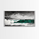 Green Ocean Wave, Dramatic, Black and White, Framed Canvas Print, Coastal Wall Art, Surfer Decor, Beach House Art, Nautical Decor
