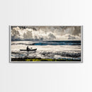 Kayaker on the Waves, Black and White Canvas Print, Ocean Adventure Wall Art, Nautical Decor, Living Room Artwork, Framed Canvas Print