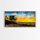 Lifeguard Tower, Sunset, Coast, Framed Canvas Print, California Beach Wall Art, Surf Decor, Vibrant Seaside Art, Coastal Home Decor