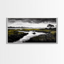 Marshland Scene, Serene Landscape, Black and White Nature Art, Modern Decor, Misty Grasslands, Living Room Artwork, Framed Canvas Print