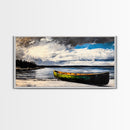 Green Canoe, Tranquil Art, Lake Landscape, Serene Cabin Wall Art, Adventure Home Decor, Living Room Art, Framed Canvas Print
