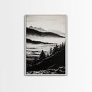 Misty Mountain, Black White Wall Art, Landscape Painting, Nature Artwork, Modern Home Decor, Minimalist Art, Framed Canvas Print