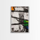 Geometric Abstract, Black and White with Green and Yellow Accents, Modern Minimalist Wall Art, Framed Canvas Print, Office or Loft Decor