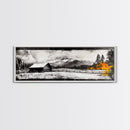 Cabin in Mountains, Rustic Winter Scene, Black and White Art, Fall Forest Accent, Cozy Lodge, Living Room Decor, Framed Canvas Print