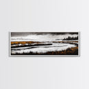 Snowy River Artwork, Mountain Landscape Painting, Rustic Winter Decor, Black and White Wall Art, Nature Print, Living Room Art, Canvas Print