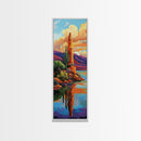 Desert Cactus, Reflection Art, Framed Canvas Print, bold southwest landscape, cacti and red rock lake scene, rustic style living room wall art