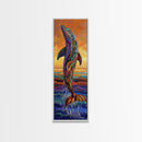 Dolphin Ocean, Sunset Splash, Vibrant marine wall decor Framed Canvas Print, colorful coastal boho art, beach house wall art
