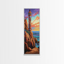 Lighthouse Coastline, Sunset Majestic — Framed Canvas Print, coastal wall art, nautical decor, seascape lighthouse painting, beach house print