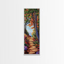 Autumn Pathway, Forest, Nature — Framed Canvas Print of scenic forest path with fall trees, cozy rustic living room wall decor, woodland art