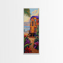 Tropical Camper, Beach Sunset, Framed Canvas Print, beach house wall decor, boho camper wall art, colorful coastal painting, fun summer vibes