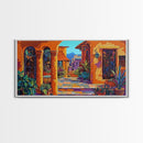 Spanish Courtyard, Colorful Villa Street, Southwest Patio Art, Framed Canvas Print, Mediterranean Home Decor, Rustic Wall Art