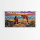 Horse Beach, Sunset, Western, Framed Canvas Print, Cowboy Art, Coastal Wall Decor, Rustic Boho Style, Entryway Statement Piece