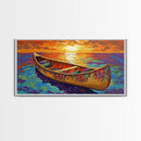 Canoe Sunset, Ocean, Solitude, Framed Canvas Print, Tranquil Beach Wall Art, Summer Decor, Nautical Painting, Living Room Accent