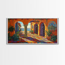 Courtyard Villa, Colorful, Tiles, Framed Canvas Print, Spanish villa artwork, warm terra cotta boho decor, kitchen or hallway wall art