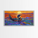 Sunset Loon, Splash, Painting, Framed Canvas Print lakehouse wall art, coastal bathroom decor, vibrant nature print, ocean artwork
