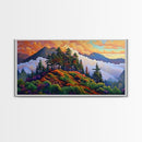 Mountain Trees, Sunset Ridge, Cloudy Peaks, Framed Canvas Print, Nature Inspired Wall Art, Autumn Living Room or Office Decor