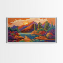 Sunset Lake, Autumn Trees, Mountain Reflections, Framed Canvas Print, Cozy Fall Wall Art, Bedroom Decor, Warm Landscape Painting