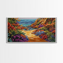 Colorful Beach, Pathway, Painting, Framed Canvas Print vibrant coastal trail wall decor, tropical beach boho art, hallway accent
