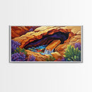 Desert Hidden, Oasis, Waterfall, Framed Canvas Print Nature-inspired boho landscape, colorful living room wall art, southwest decor
