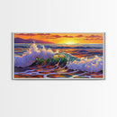 Wave Ocean, Sunset, Surf, Framed Canvas Print, tropical wave wall decor, surf boho art, vibrant beach bathroom or office wall art
