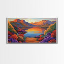 Lake Sunset, Desert, Mountains, Framed Canvas Print, colorful landscape wall decor, boho living room art, nature lovers gift