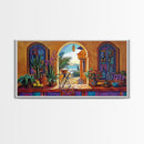 Archway Ocean, Tropical, Framed Canvas Print, Colorful tropical patio view through arch, Mexican coastal decor, Dining Wall Art