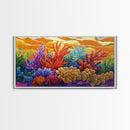 Reef Sunset, Underwater, Framed Canvas Print, Vibrant coral reef with tropical plants, sunset sky, Beachy decor, Bathroom Wall Art