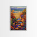 Path Ocean, Flowers, Shoreline, Framed Canvas Print, Bright coastal landscape, colorful wildflower path, Bathroom or Entryway Wall Art