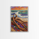 Driftwood Waves, Beach, Sunset, Framed Canvas Print, Coastal stormy beach scene, textured seascape painting, Nautical Bathroom Wall Art