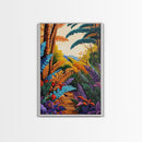 Tropical Jungle, Foliage, Path, Framed Canvas Print, Vibrant Botanical Wall Art, Boho Living Room Decor, Colorful Nature Painting
