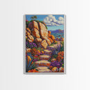 Rocky Pathway, Flowers, Framed Canvas Print, Vibrant Desert Trail Art, Colorful Landscape Wall Decor, Boho Living Room Wall Art
