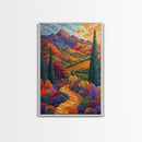Colorful Mountain, Pathway, Autumn, Framed Canvas Print, Vibrant Fall Landscape Art, Boho Living Room Decor, Nature Wall Painting