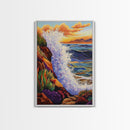 Wave Splash, Cliffside, Sunset, Framed Canvas Print, Bold Ocean Wall Art, Coastal Living Room Decor, Vibrant Beach Seascape Painting