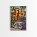 Spanish Fountain, Courtyard, Tropical, Framed Canvas Print, Vibrant Summer Wall Art, Hacienda Living Room Decor, Eclectic Boho Style