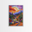 Rainbow Over Mountains, Sunset Pine Forest, Vibrant Landscape, Framed Canvas Print, Kids Room Art, Uplifting Boho Style Wall Decor