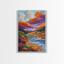 Dramatic Sky, Ocean Hills, Coastal Magic, Colorful Clouds, Framed Canvas Print, living room coastal decor, vibrant nature art, boho fall