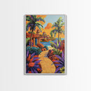 Coastal Village Path, Sunset Vibes, Tropical Getaway, Bright Colors, Framed Canvas Print, Coastal Wall Art, Living Room Decor, Boho Art