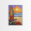 Surfboard Sunset, Ocean View, Floral Beach, Boho Style, Framed Canvas Print, beach lover gift, tropical home decor, coastal living wall art